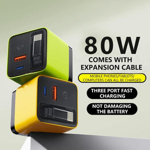 Chargeur GaN 3 en 1, module de charge rapide évolutif 80 W MAX avec câble Type-C et 2 ports USB