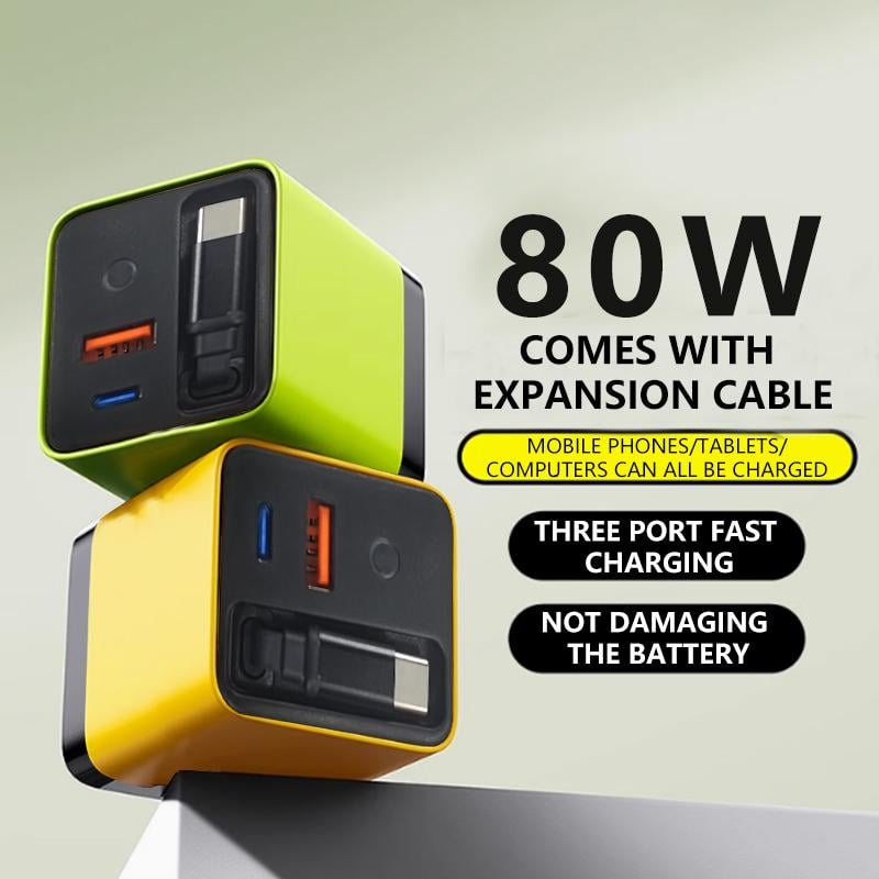 Chargeur GaN 3 en 1, module de charge rapide évolutif 80 W MAX avec câble Type-C et 2 ports USB