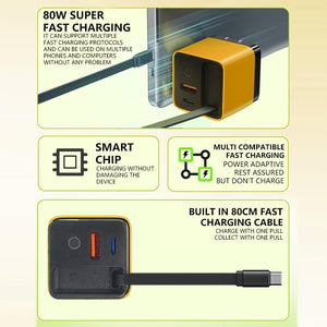 Chargeur GaN 3 en 1, module de charge rapide évolutif 80 W MAX avec câble Type-C et 2 ports USB